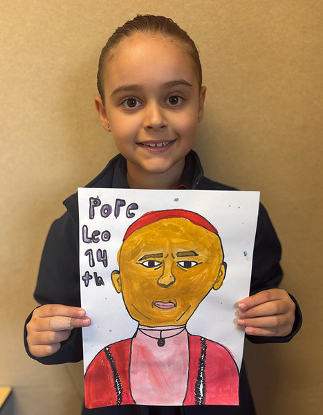 ART > Our Year 4s drew and painted portraits of Pope Leo as part of our introduction to our new Pontiff.