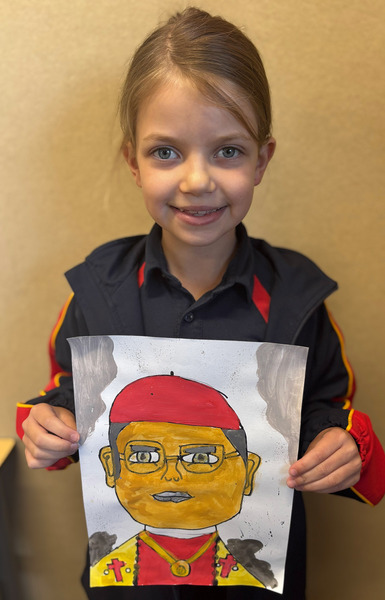ART > Our Year 4s drew and painted portraits of Pope Leo as part of our introduction to our new Pontiff.