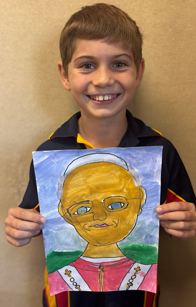 ART > Our Year 4s drew and painted portraits of Pope Leo as part of our introduction to our new Pontiff.