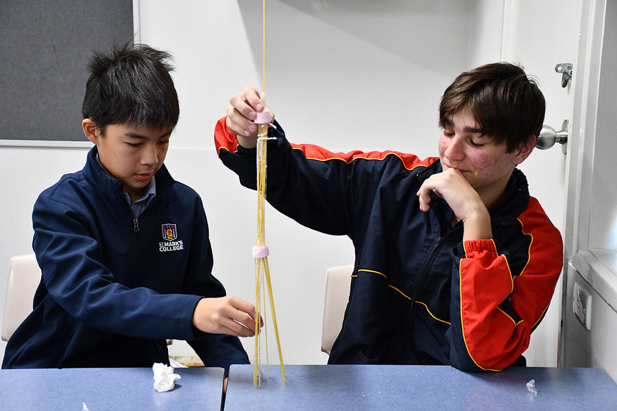 WRAP > Working with year level buddies to build a structure from marshmallows and spaghetti.